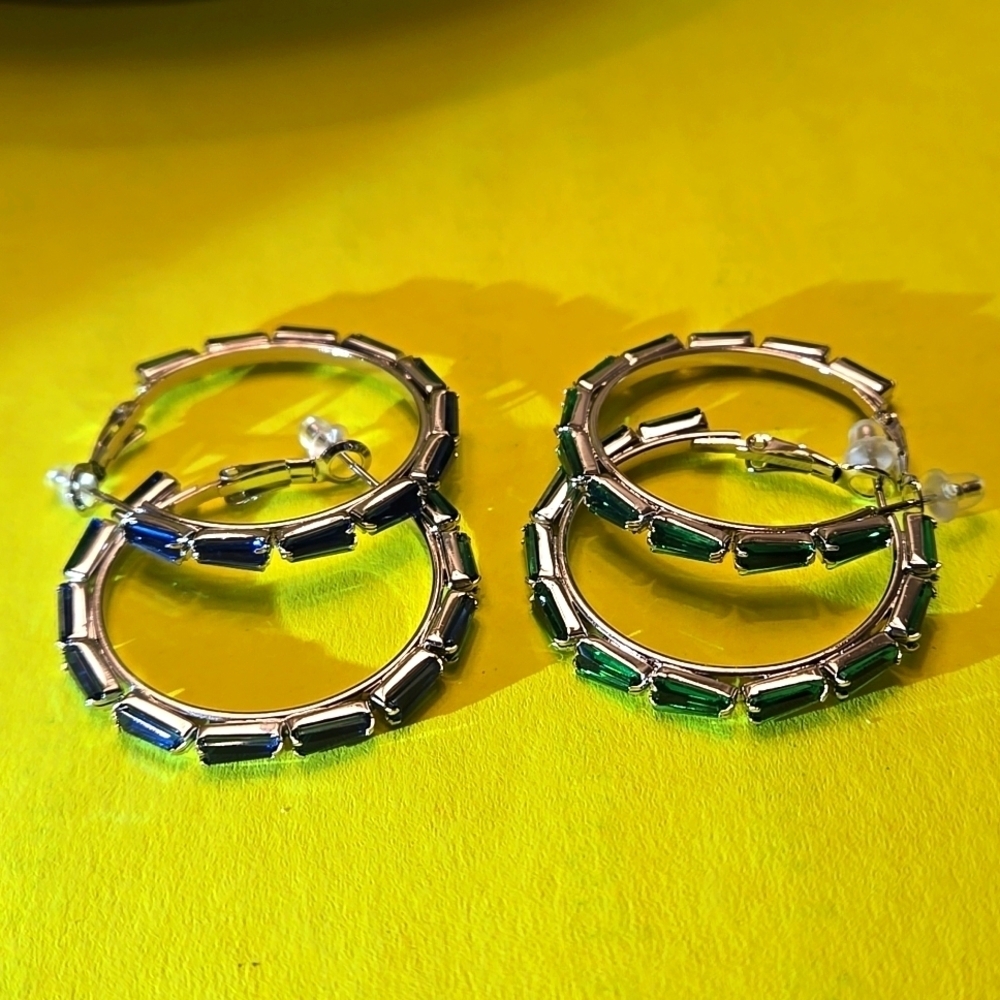 2 Pairs Exquisite Hoop Earrings - Silver Tone with Green & Blue Zircon